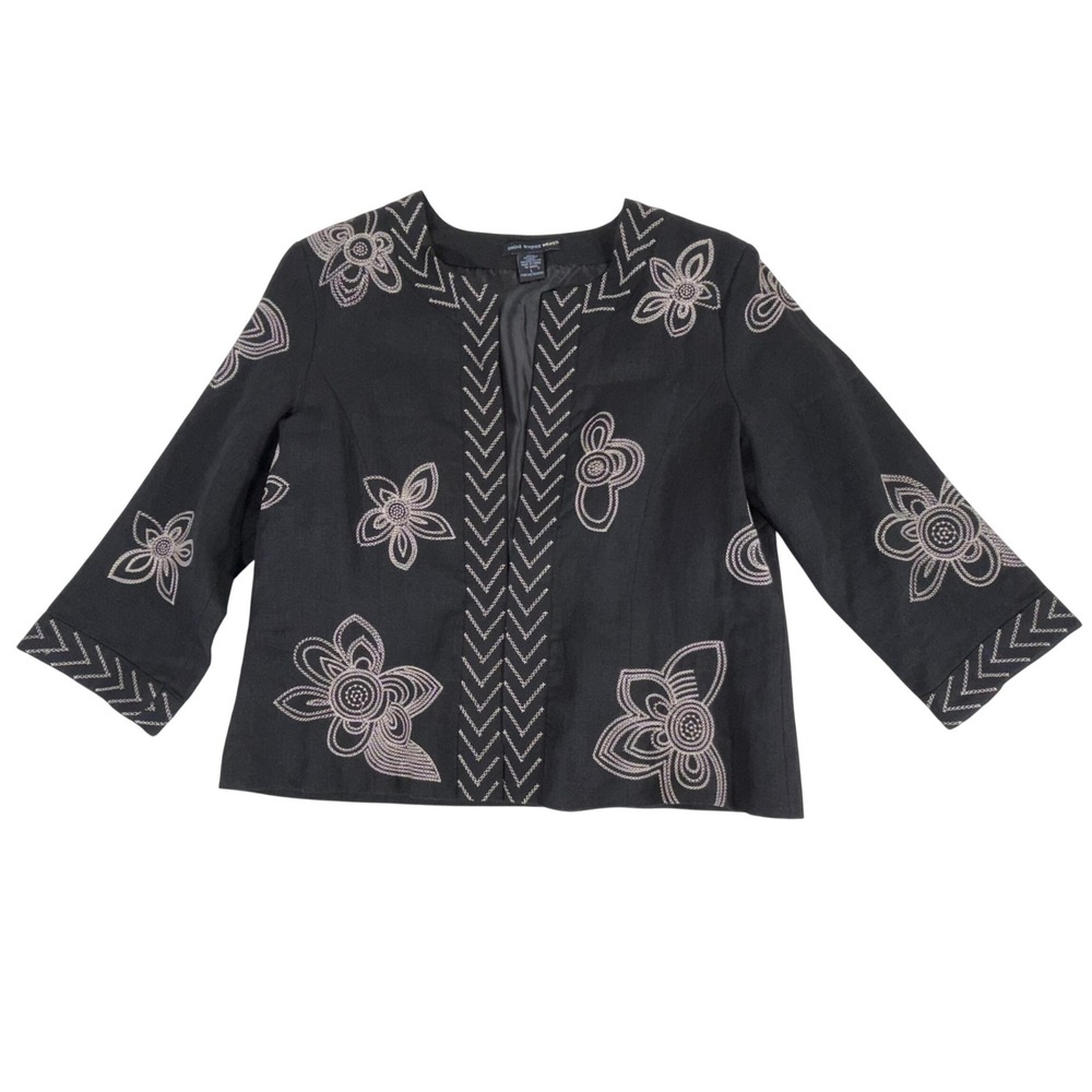 Saint Tropez West Linen Blazer Jacket Large‎ Black Floral Embroidered Hook & Eye